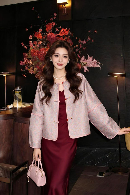 Powder Blue Song Brocade Mandarin Jacket – Round Collar, Straight Front – Neo-Chinese Style