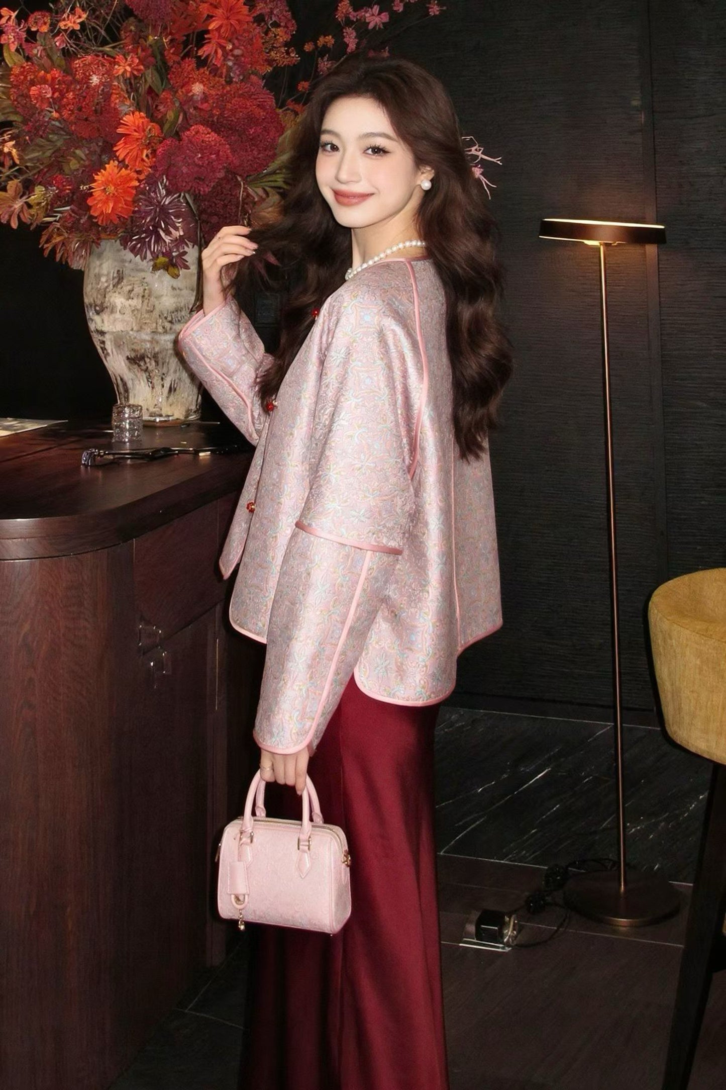 Powder Blue Song Brocade Mandarin Jacket – Round Collar, Straight Front – Neo-Chinese Style