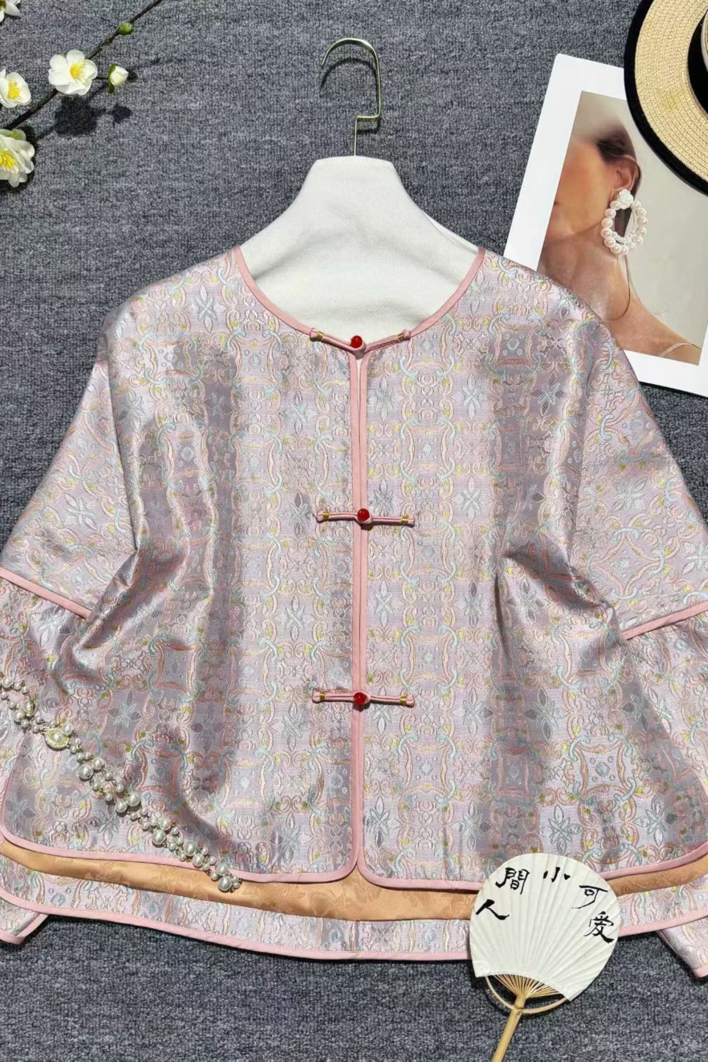 Powder Blue Song Brocade Mandarin Jacket – Round Collar, Straight Front – Neo-Chinese Style