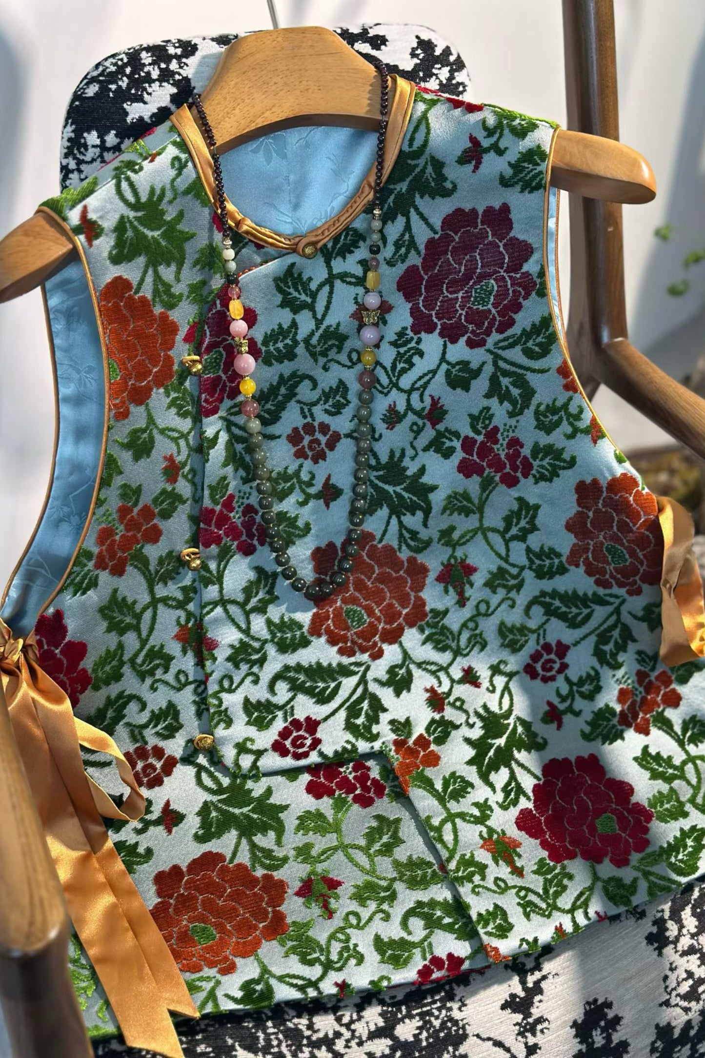 Lake Blue Zhangzhou Velvet Satin Vest – Heritage Twining Peony Motif – Neo-Chinese Style